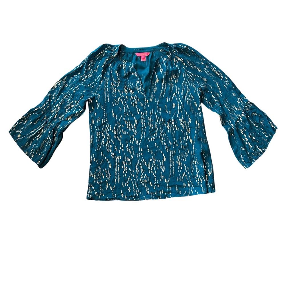 Lilly Pulitzer Women’s Medium Matilda Teal Silk Blouse Inky Tidal Metallic‎ Fish